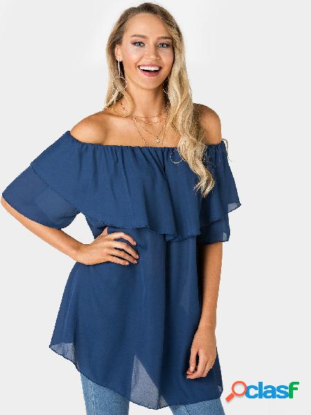 Navy Tiered Design Off The Shoulder Short Sleeves Top