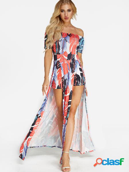 Random Floral Print Off Shoulder Slit Hem Bodycon Dress
