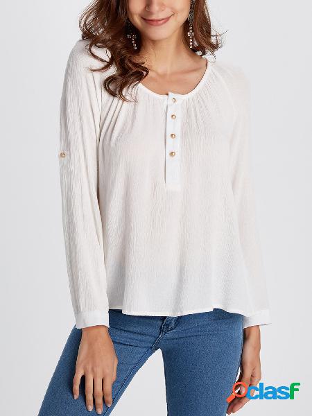 White Button Design Plain Round Neck Long Sleeves Blouse