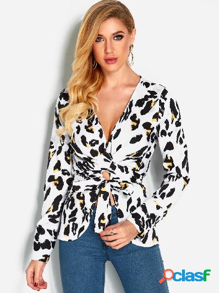 White Polka Dot Deep V Neck Long Sleeves Blouses with Belt
