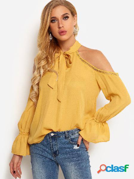 Yellow Cold Shoulder Self-tie Front Plain Hollow Details