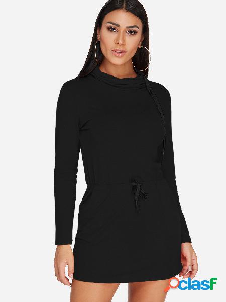 Black Self-tie Design Chimney Collar Long Sleeves Side