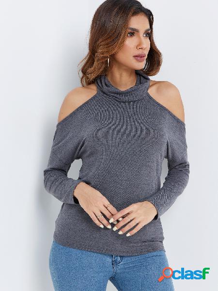 Dark Grey Chimney Collar Cold Shoulder Long Sleeves T-shirt