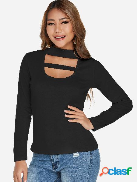 Black Cut Out Plain Perkins Collar Long Sleeves T-shirts