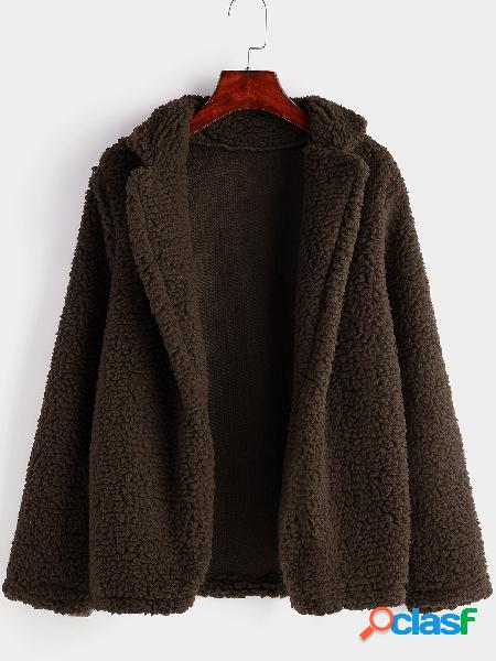 Coffee Lapel Collar Long Sleeves Faux Fur Teddy Coat