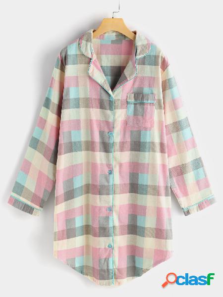 Colorful Grid Pattern Button Up Curved Hem Night Dress