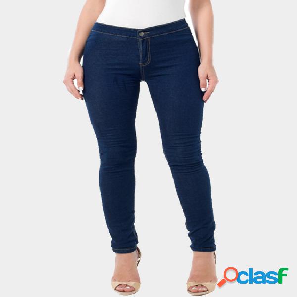 Dark Blue Without Front Pockets Basic Bodycon Jeans