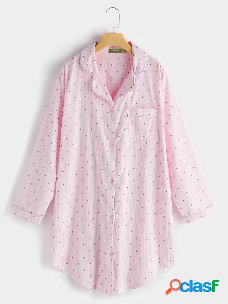 Pink Stripe Polka Dot Button Up Curved Hem Night Dress