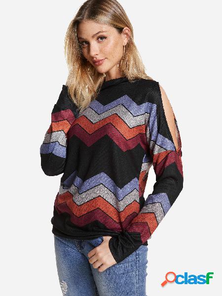 Black Stripe Cold Shoulder Long Sleeves Turtleneck Tee