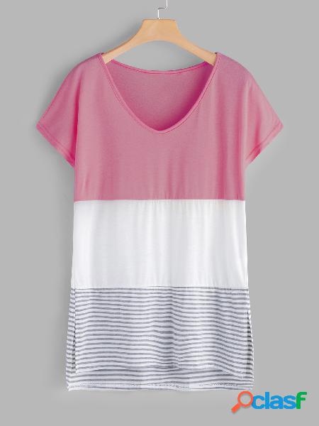 Red Slit Design Stripe Crew Neck Short Sleeves T-shirt