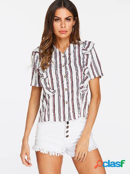 Stripe Ruffle Trim V-neck Single Breasted Design Blouses