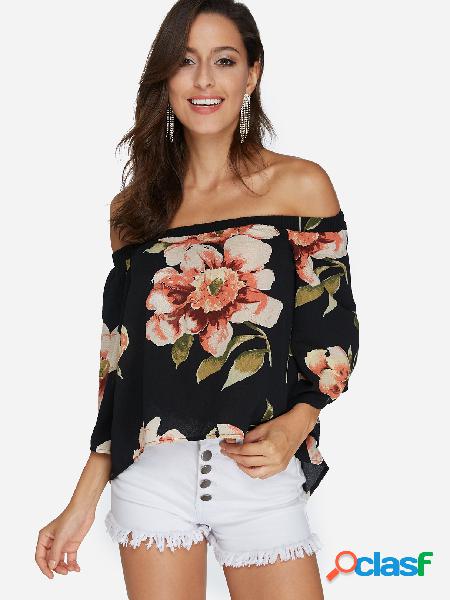 Black Slit Design Random Floral Print Off Shoulder Blouse