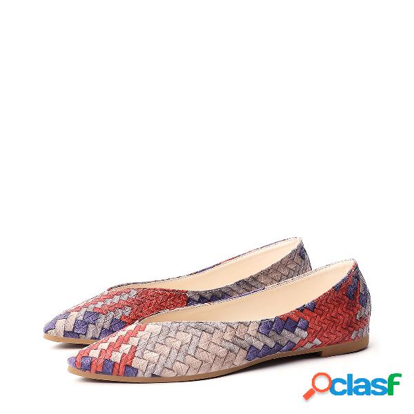 Purple Stitching Knitted Pu Pointed Toe Flats