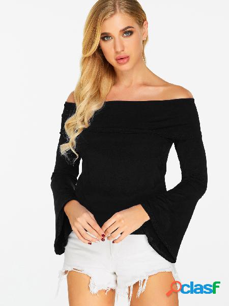 Black Backless Off Shoulder Design Bell Sleeves Blouses