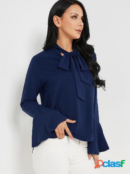 Navy Self-tie Design Bell Sleeves Chiffon Blouse