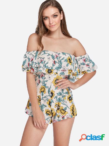 White Backless Design Random Floral Print Off Shoulder Short