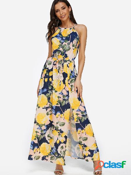 Yellow Slit Design Random Floral Print Halter Sleeveless