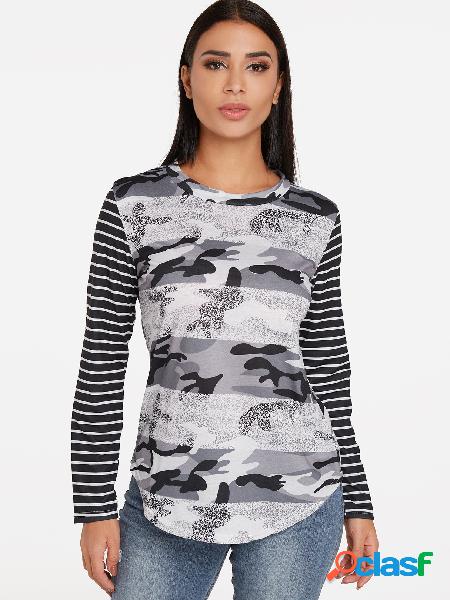 Black Camouflage Stripe Pattern Crew Neck Long Sleeves