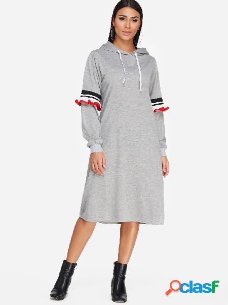 Grey Stitching Design Plain Long Sleeves Hooded Midi Dress