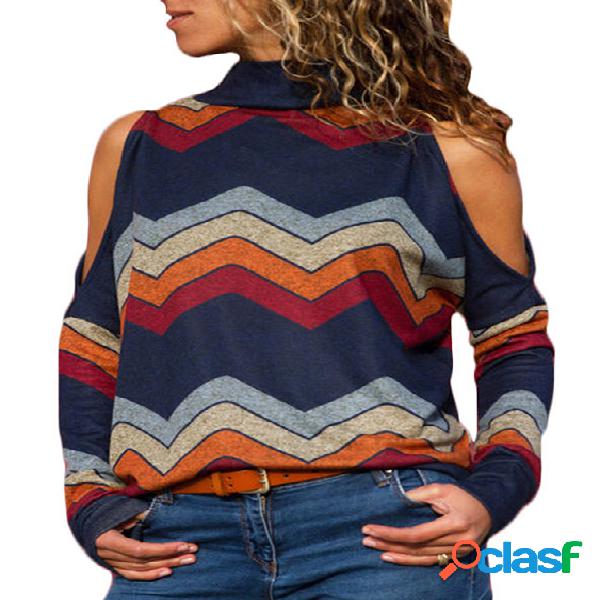 Navy Color Block Stripe Cold Shoulder Long Sleeves