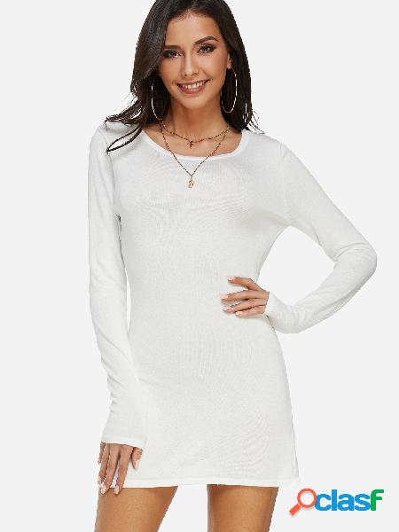 White Backless Design Plain Round Neck Long Sleeves Mini
