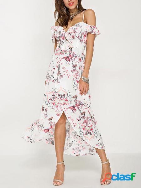 White Floral Print Spaghetti Backless Midi Dress