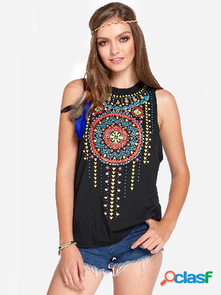 Black Crew Neck Vintage Boho Print Tank Top