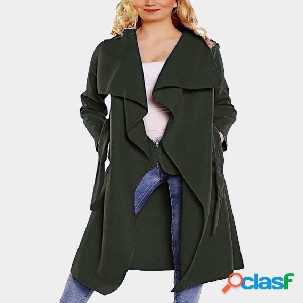 Green Side Pockets Design Lapel Collar Long Sleeves Self-tie