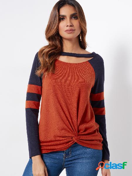 Orange Stripe Round Neck Cutout Design Long Sleeves Twist