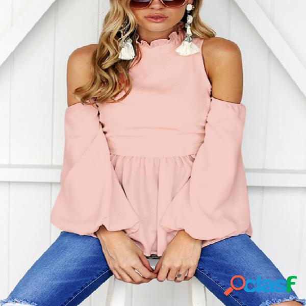 Pink High Neck Cold Shouder Frill Details Top