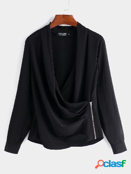 Fashion Black Zip Design Plain Crossed Collar Long Sleeves