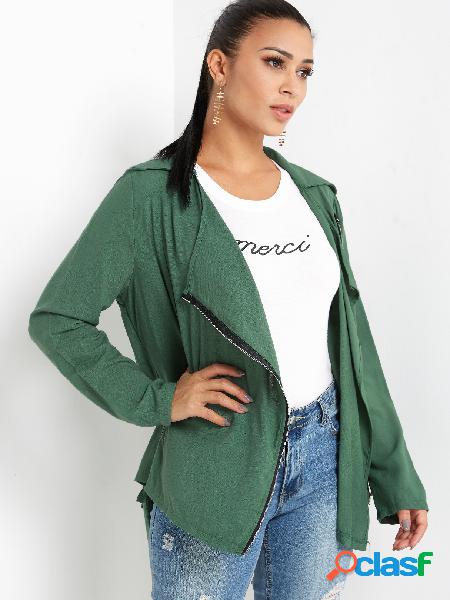 Green Zip Design Lapel Collar Long Sleeves Coat