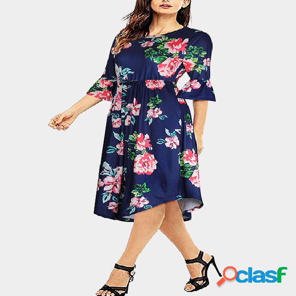 Navy Floral Print Round Neck Flared Sleeves Midi Dress