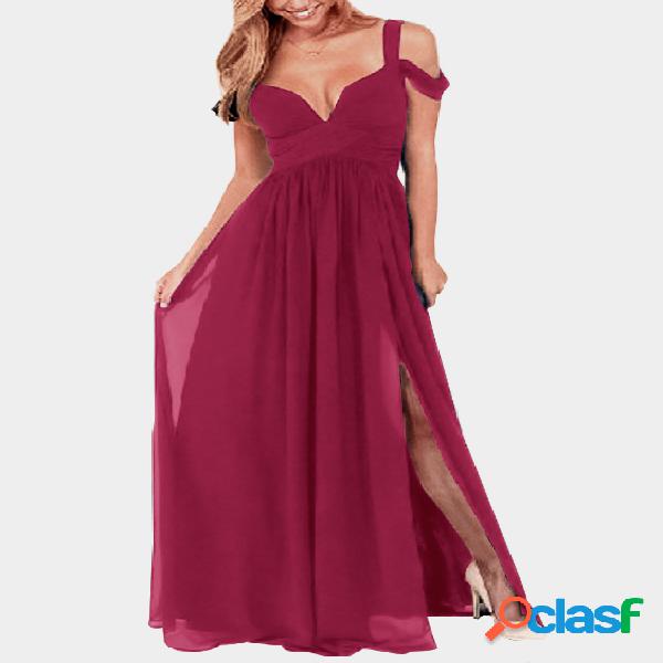 Burgundy Slit Design Cold Shoulder Party Dress