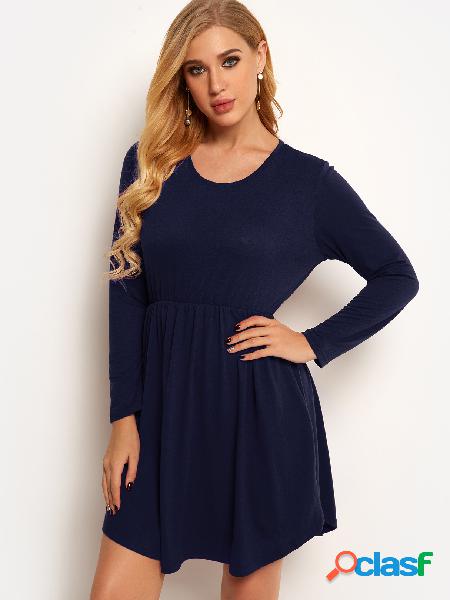 Navy Side Pockets Plain Crew Neck Long Sleeves High-waisted
