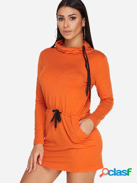 Orange Self-tie Design Chimney Collar Long Sleeves Side