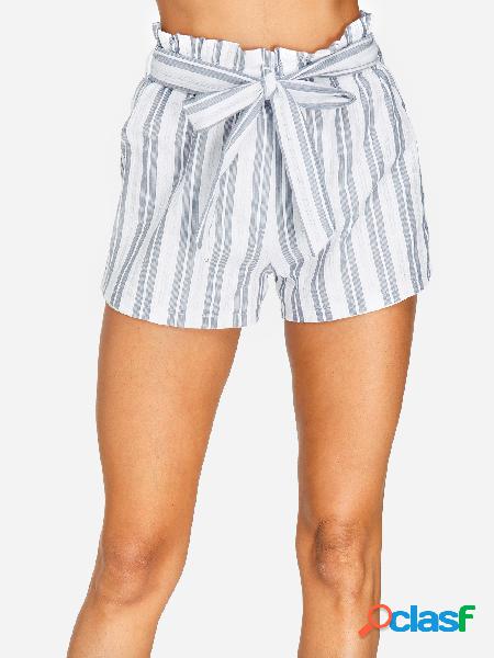 White Self-tie Belt Design Stripe Shorts