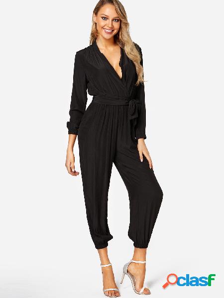 Black Deep V Neck Self-tied Long Sleeves High-waisted
