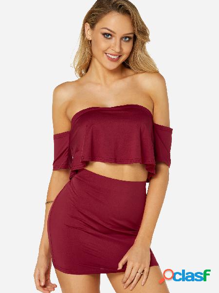 Burgundy Off The Shoulder Half Sleeves High-waisted Two