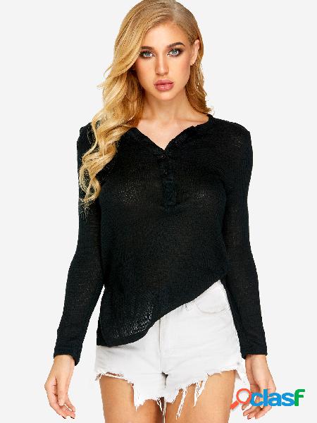 Black Side Slit Round Neck Long Sleeves Knitwear