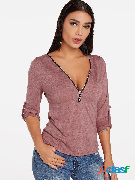 Burgundy Zip & Button Design Plain V-neck Half Sleeves