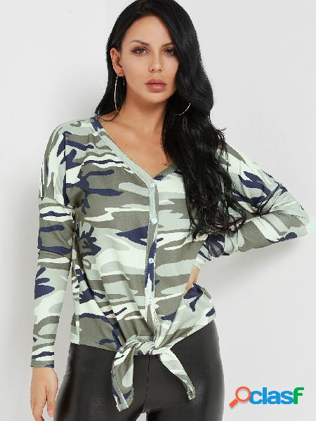 Camouflage V-neck Button-up Tie-up Hem Top