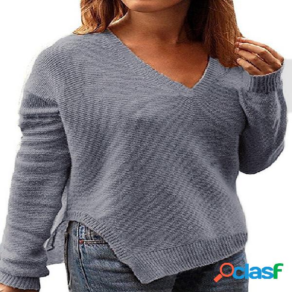 Grey Knit V Neck Asymmetrical Hem Jumper