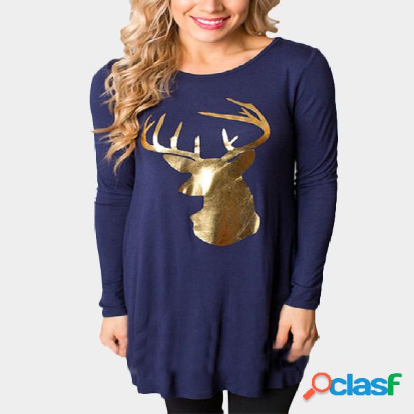 Navy Elk Print Round Neck Long Sleeves A-line Mini Dress