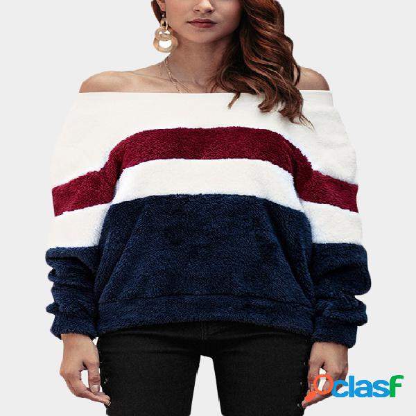 Stripe Fleece Details Off The Shoulder Long Sleeves Color