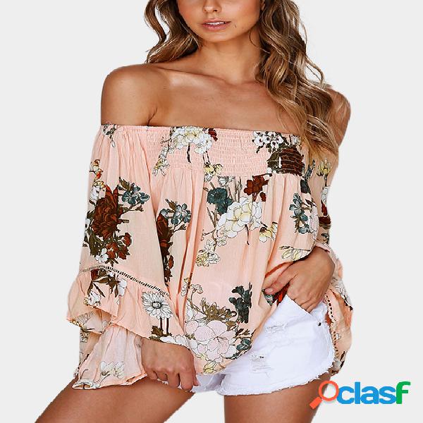 Pink Elastic Strap Floral Print Off The Shoulder Flared