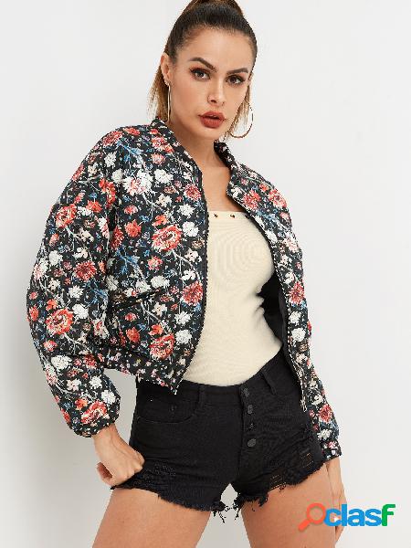 Random Floral Print Zip Front Long Sleeves Jacket