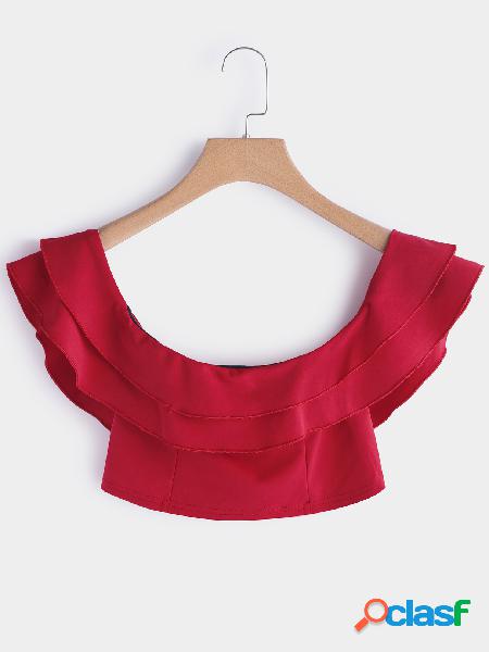 Red Off The Shoulder Flounced Design Crop Top