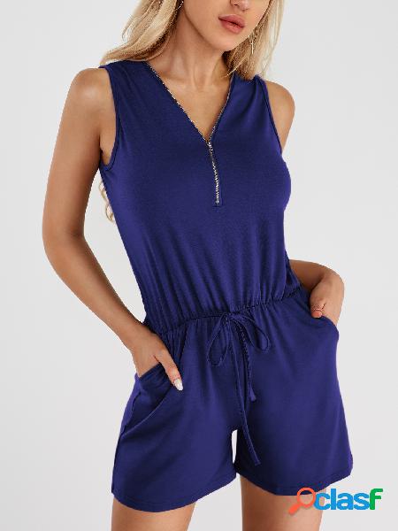 Royal Blue Side Pockets V-neck Sleeveless Drawstring Waist