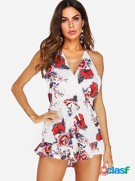 White Cross Front Random Floral Print Halter Sleeveless